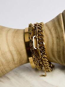 4pcs/Set Gold Plated Stainless Steel Women's Chain Bracelets Bangle Set, Fashionable And Simple, Suitable For Daily Wear Winter Gifts - Necklace - View 4