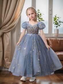 Tween Girls' Party Dress Long Gown, Luxury Wedding Banquet Princess Dress, Short Puff Sleeve Summer - Grey - View 7