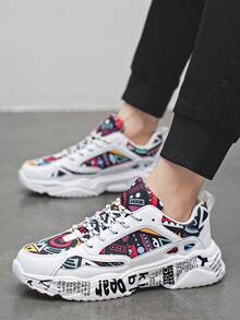 Men's Versatile Multi-Color Random Geometric Pattern Patchwork Chunky Sneakers, Fashionable Lace-Up Front Comfortable Lightweight Outdoor Sports Couples Sneakers ,Gym 2000s Style Valentine's Day Ideas