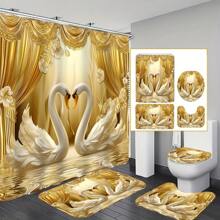 [1/4pcs Gold Shower Curtain] 1/4pcs Gold 3D Swan Printed Shower Curtain Set | Bathroom Decor Set, Non-Slip Bath Mat, Toilet Seat Cover, Bath Rug, 12pcs Plastic Hooks, Bathroom Accessories, Home Decor Back To School