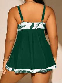Plus Size Women Deep V-Neck Spaghetti Strap Geometric Splice Ruched Tankini Two Pieces Swimsuit, For Beach Holiday - Green - View 4