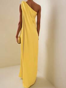 Elegante Vestido de un hombro sin mangas en unicolor con dobladillo de abertura alta para ocasión formal - Amarillo - Ver 3