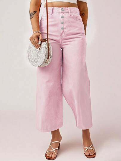 Pantalones rectos de talle alto con botones para mujer, color rosa, adecuados para uso casual diario y vacaciones, otoño