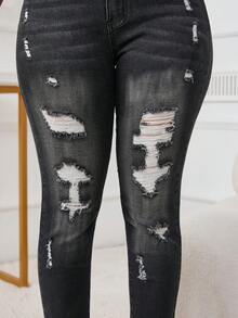 25秋冬女装性感高腰牛仔裤女式破洞紧身弹力破洞牛仔裤高腰提臀牛仔裤