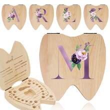 Holz-Zahn-Organizer-Box in Zahnform, Milchzähne-Sammelbox, Nabelschnur-Box, Aufbewahrungsbox für Zahnschätze, Geschenk für Mädchen und Jungen mit 26-Buchstaben-Muster