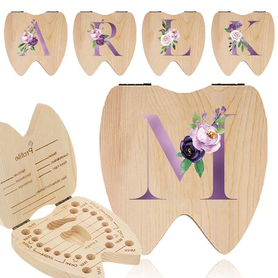Holz-Zahn-Organizer-Box in Zahnform, Milchzähne-Sammelbox, Nabelschnur-Box, Aufbewahrungsbox für Zahnschätze, Geschenk für Mädchen und Jungen mit 26-Buchstaben-Muster
