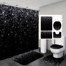 4pcs Black Sequin Shower Curtain Set, Elegant Camo Decor Modern Home, Waterproof Curtain And Bathroom Mat 3pcs Set, 12pcs Shower Curtain Hooks Included Bathroom Accessories Back To School