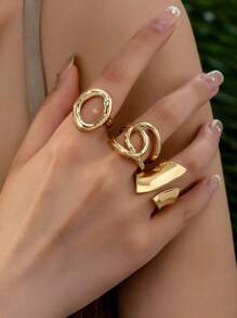 3pcs/Set Punk Style Exaggerated Simple Plain Circle Openring Geometric Curve Niche Design Rings Set, Suitable For Women Daily Wear, Ideal Gift For Friends