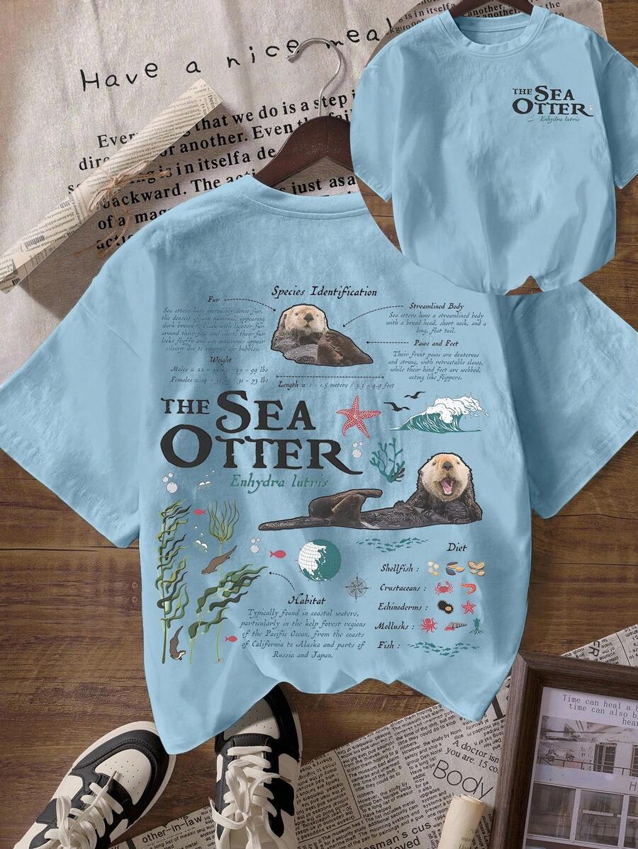 Vintage Sea Otter Biology Graphic Casual Round Neck Short Sleeve T-Shirt