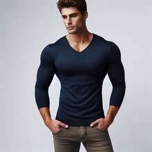 MIL200FIT Playera Hombre Manga Larga Slim Fit Cuello V - Azul Marino - Ver 5