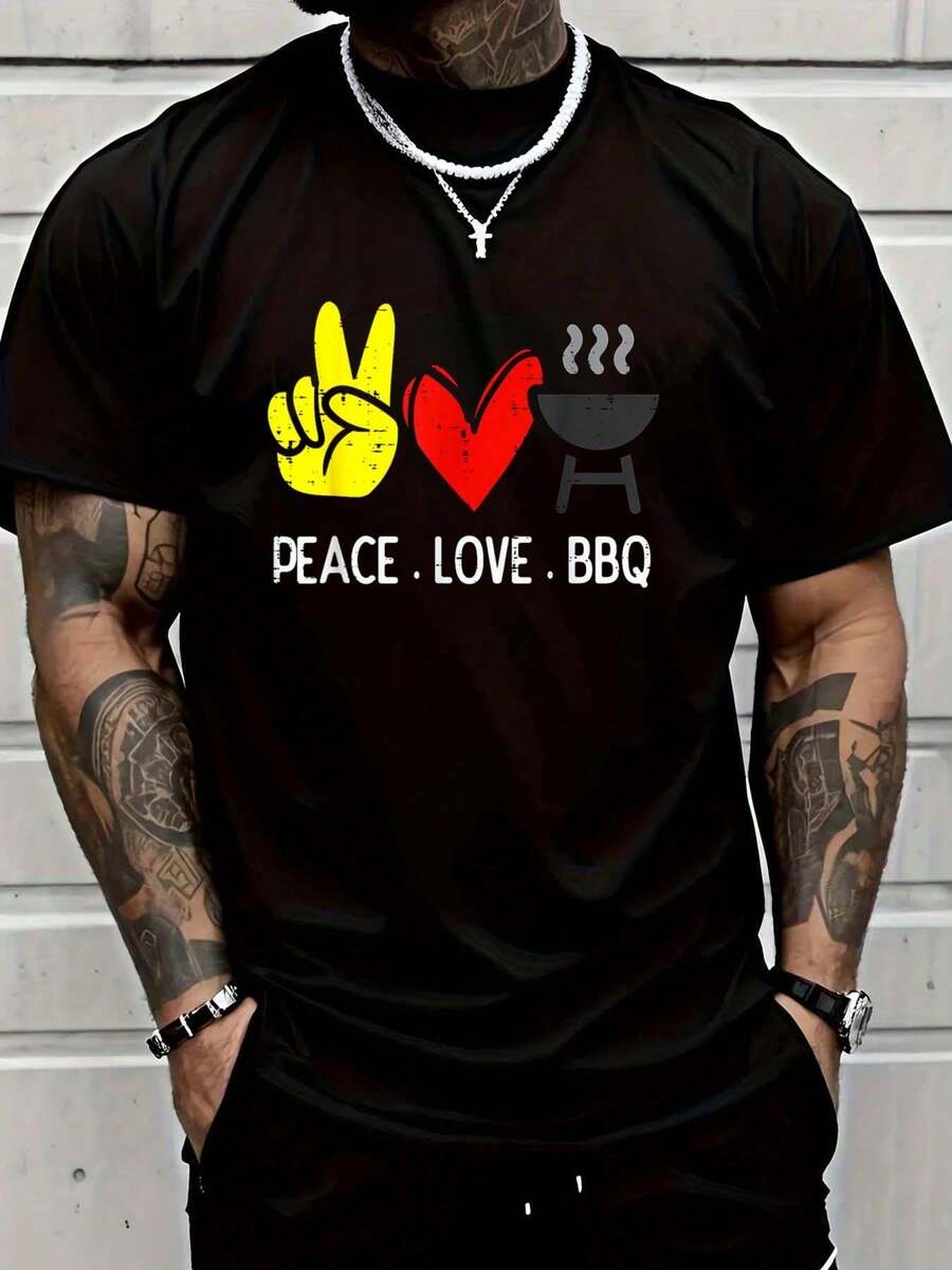100% Cotton Shirt Peace Love Bbq Retro Barbecue Meat Grilling Men Men Kids T-Shirt - Black - View 1