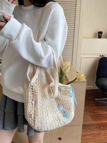 Large Capacity Bow & Ocean Element Decor Mesh Woven Tote Bag For Women, New Hollow Out Weaved Shoulder Handbag For Beach, Summer Vacation