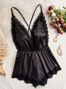 新款女士性感内衣，可调节交叉背带，深V领露背性感泰迪蕾丝缎面舒适家居服连体睡衣
