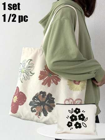 1 zestaw torebek z nadrukiem na płótnie, torba na ramię i mała kosmetyczka, duża pojemność kosmetyczki podróżnej, idealny wybór do pielęgnacji urody na świeżym powietrzu. Najlepszy prezent dla nauczycieli, spersonalizowany prezent ślubny dla druhen, odpowiedni do centrów handlowych, restauracji, supermarketów, wesel, urodzin, plaż, świąt, dużych toreb, prezentów na powrót ucznia do szkoły, przenośnych torebek do przechowywania rzeczy, wielofunkcyjnych toreb na zakupy, nowych wzorów, idealnych na zakupy