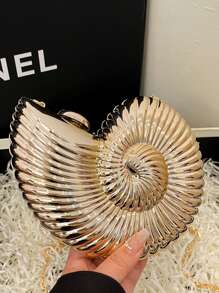 Elegant Shell-Shaped Party Clutch Bag, Unique Design Seashell Bag, Women's Shiny Evening Handbag With Chain Shoulder/Crossbody Strap, Fits Earphones, Coins, Elegant Shell Purse Perfect For Parties Weddings Dinners