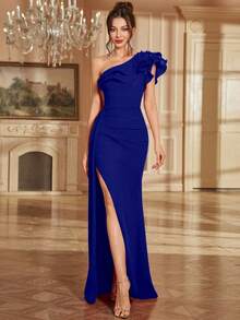 High Slit Beaded Back Ruffled Hem Fitted Cocktail Party Dress, Spring/Summer, Elegant - Royal Blue - View 6