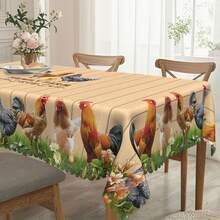 1pc Farmhouse Rooster & Floral Polyester Tablecloth - Round/Rectangle, Embossed Floral Trim, Vibrant Spring/Summer Design, Suitable For Picnics, Dinner Parties, Kitchen & Dining Room Decor, Country Farmhouse Decor, Multiple Sizes Available