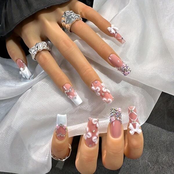 10pcs Long Water Pipe Square French Tips With Rhinestones Heart Pure Hand Carved Ballet Painted White Luxury Press-On Fake Nails Suitable For Wedding Party Birthday Gifts