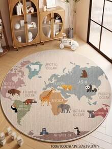 1块世界地图动物圆形地毯，以清晰的各大洲和海洋标记为底色，搭配从非洲长颈鹿到南极企鹅等栩栩如生的动物图案，带您踏上一段奇妙的环球之旅。采用柔软亲肤的材质，脚感舒适，经久耐用，易于清洁。适用于装饰客厅、卧室、书房等空间。