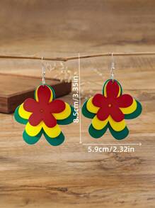 1 Pair Bohemian Wooden Multi-Layer Colorful Floral Earrings, Fashion Accessory For Vacation And Casual Wear