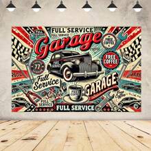 2D Backdrop Cloth, Vintage Garage Service Station Backdrop - Full-Service Coffee Theme Retro Americana Photography Background With Classic Cars & Tools, Indoor/Outdoor Banner For Birthday Parties, Holiday Decor, Studio Props,2D Flat,Notmulti-Layer Or Real Model