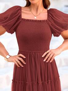 Women's  Summer Pleated Mid-Length Tulle Dress Puffy Short Sleeve Square Collar Ruffled Wedding Guest Graduation Party Dress - 磚紅色 - 查看 2