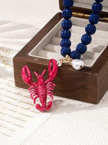1 pièce Collier pendentif de perles de homard en alliage et perles en relief de thème côtier haut de gamme pour femmes, convient pour les vacances et le port casual