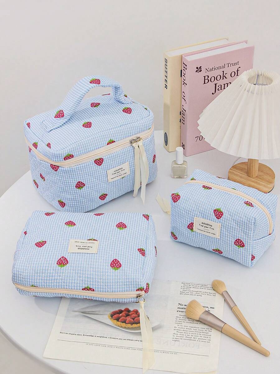 Cute Blue Strawberry Pattern Cosmetics Storage Bag With Quilted Design Fashionable Travel Toiletry Bag With Ribbon Cute Children's Make Up Bag With Zipper Large Capacity Makeup Pouch Portable Daily Organizer Bag Good Idea For Back To School Gift, Children's Day Gift, Graduation Gift, Birthday Gift For Daughters, Sisters, Friends, Classmates, Roommates Birthday Gifts For Girl Back To School Gifts - Blue - View 1