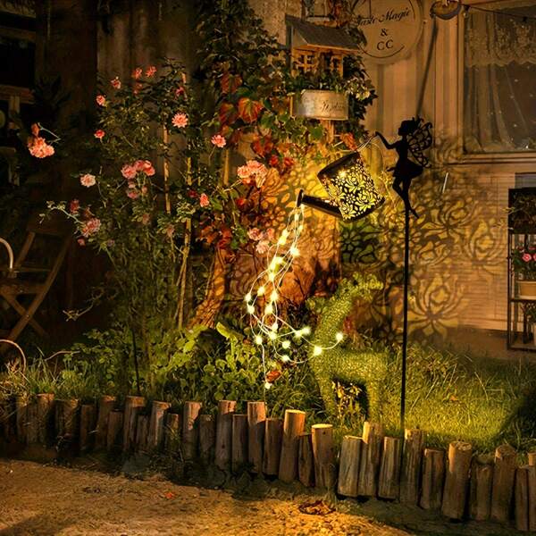1pc/2pcs Solar Powered Watering Can With String Lights, Hanging Solar Waterfall Light, Retro Metal Fairy Watering Can Lamp, Ideal For Christmas Gift, Holiday Office, Bedroom, Hotel, Party, Restaurant Decoration, Comes With Shepherd Hook