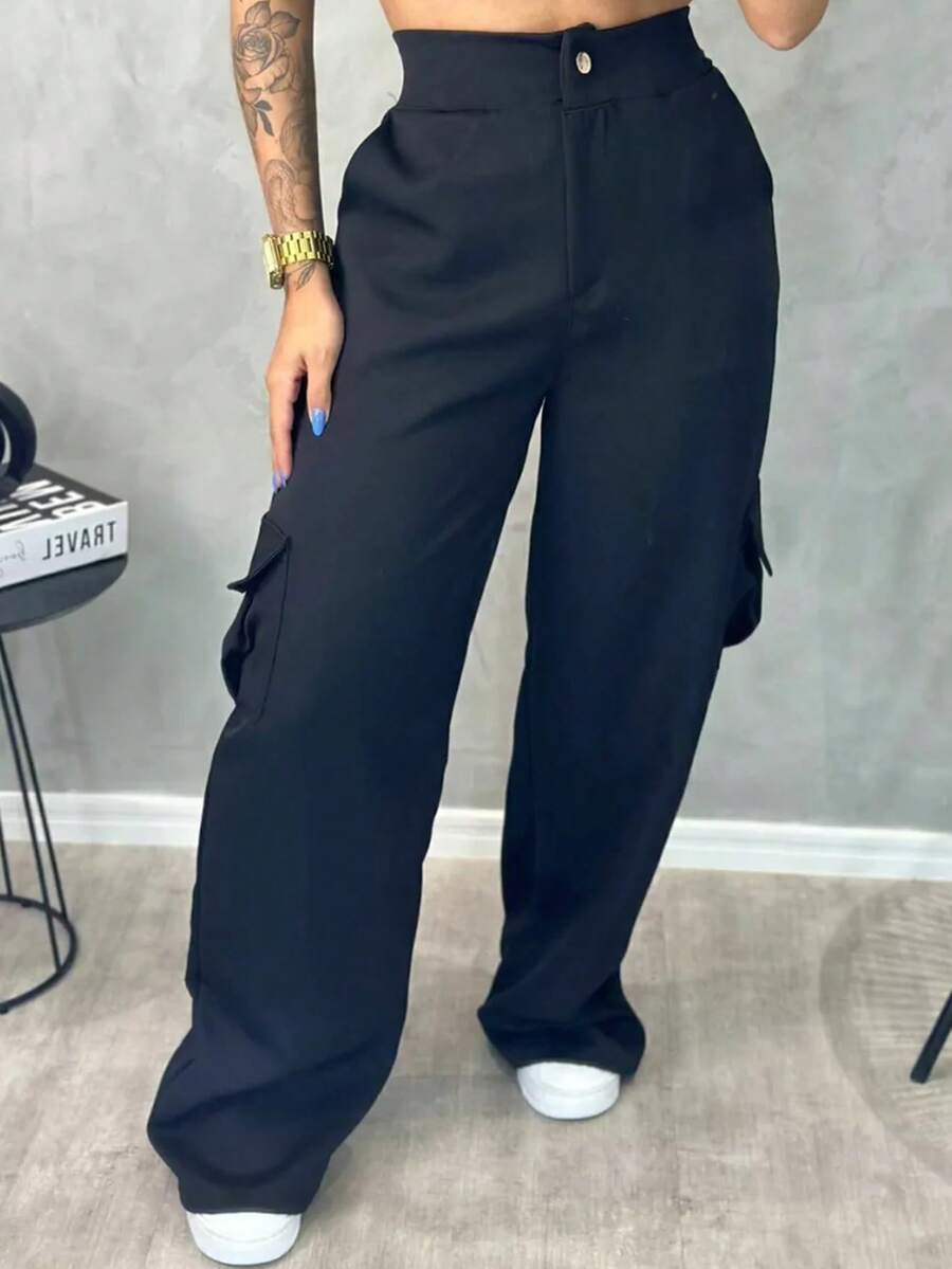 Women's Tailored Cargo Pants With Side Pockets - 黑色 - 查看 1