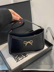 New Fashion Casual Women's PU Solid Black Bow Metal Decor Underarm Coin Purse Makeup Bag, New Fashion Classic Wild Pattern Decoration Design Solid Color Pu Waterproof Fabric Shoulder Crescent Bag Underarm Bag Is Suitable For Shopping And Can Be Slung - Multicolor - View 14