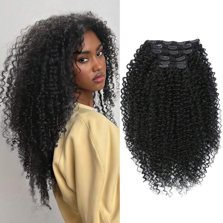 Megito Curly Clip In Hair Extensions,Pink Mango 6 PCS 100% Pure Protein Silk Curly Hair Extensions Clip Ins For Women Kinky Hair Soft Natural Durable Light Long Lifespan - 黑色 - 查看 1