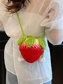 Handmade Crochet Strawberry Handbag, Small Unique Design Hollow Knitting Cross-Body Yarn Bag, Cute And Sweet Key Coin Purse
