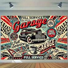 2D Backdrop Cloth, Vintage Garage Service Station Backdrop - Full-Service Coffee Theme Retro Americana Photography Background With Classic Cars & Tools, Indoor/Outdoor Banner For Birthday Parties, Holiday Decor, Studio Props,2D Flat,Notmulti-Layer Or Real Model