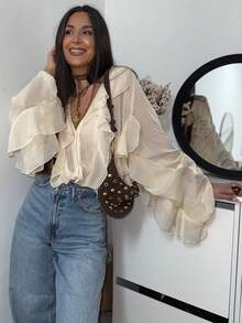 HH 2025 Spring Women Elegant V-Neck Blouse Single-Breasted Women Long Sleeves Laminated Decorative Solid Shirt - Beige - View 6