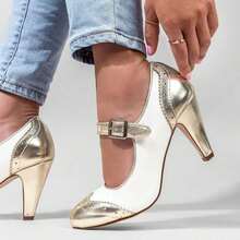 Women Mary Jane Pumps – Round Toe Retro Low Kitten Heels With Ankle Strap & Memory Foam Insole, Vintage 1950s Cone Heel Dress Shoes For Weddings, Bridesmaids, Date Night, Parties & Business Casual [Size Up Half Size] - PU vàng trắng - Xem 3