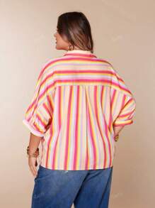 Casual Striped Shirt, Classic Single-Breasted, Drop Shoulder, Turn-Down Collar, Side Split Hem, Loose Fit, Summer Apparel, Plus Size Women