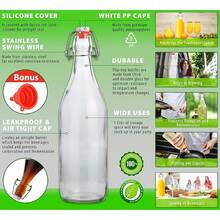 Flip Top Glass Bottle [1 Liter / 33 Fl. Oz.] [Pack Of 4] – Swing Brewing Bottle With Stopper For Beverages, Oil, Vinegar, Kombucha, Water, Soda, Kefir – Airtight Lid & Leak Proof Cap – Clear-Bxl - 4 - 查看 4