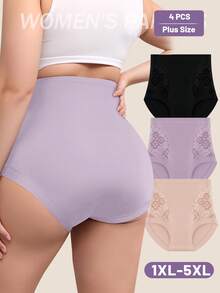 MEIYATING 3pcs Plus Size Women High Waist Panties, Lace Flower Print Breathable Shapewear Underwear - Multicolor - View 2