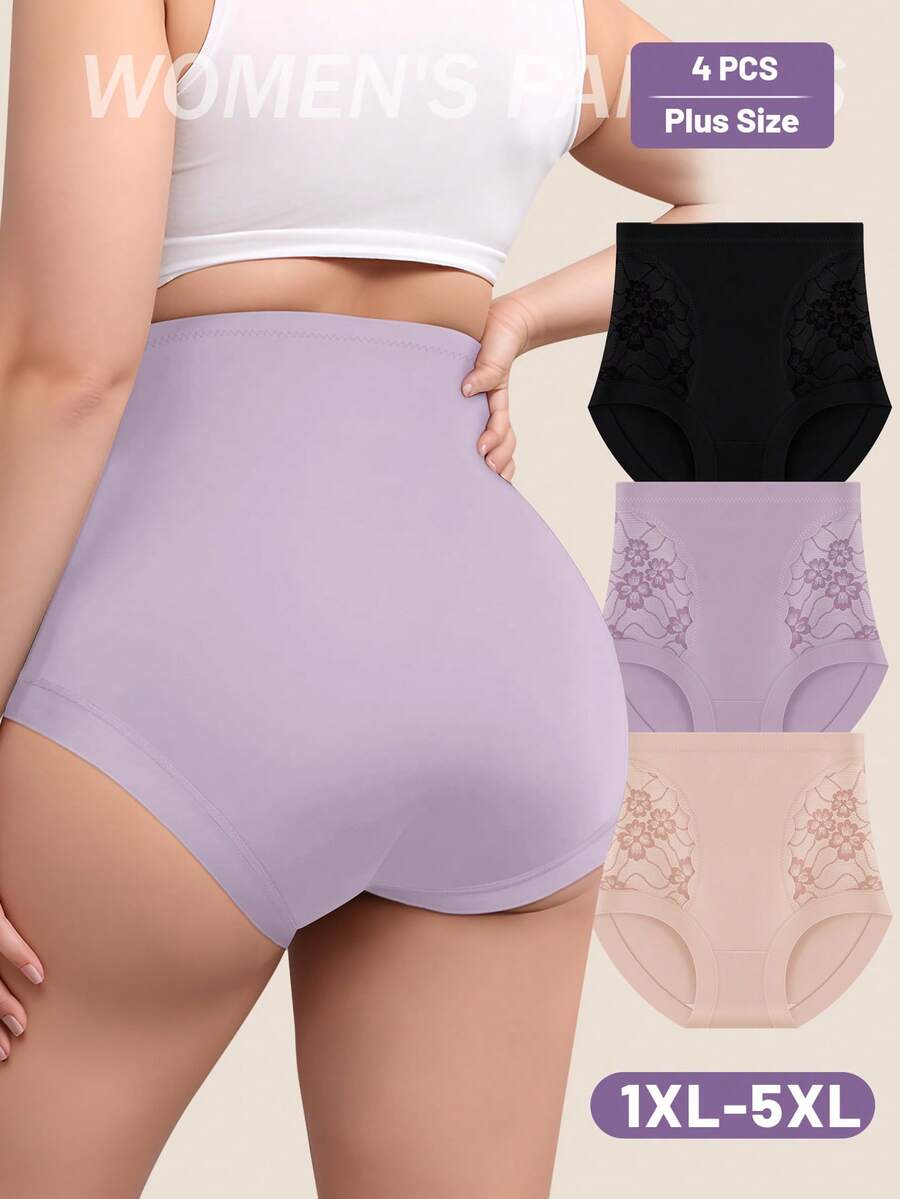 MEIYATING 3pcs Plus Size Women High Waist Panties, Lace Flower Print Breathable Shapewear Underwear