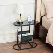 2Pcs Glass Oval Small Side Table, Suitable For Small Living Room Space, With Magazine Storage Function
