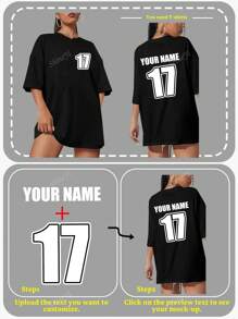 T-shirt personalizzabile con testo, numeri, loghi, nomi/testo/numeri fortunati, tinta unita nera, t-shirt ampia con maniche corte da donna, adatta per feste, all'aperto, sport casual, comoda per la primavera/estate, ideale per personalizzazioni per lauree, uniformi per raduni familiari