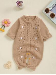 Baby Mädchen Gänseblümchen bestickte Langarm Lässig Strick-Jumpsuit