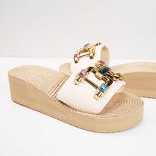 Women's Low Heel Wedge Sandals, WhiteStrap Slide Sandals With Open Toe, VersatileFor Outdoor, Beach, Travel And Casual WearAny Season