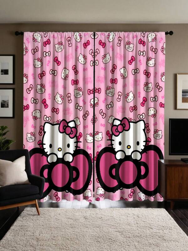 Sanrio 2pcs Sanrio Theme Hello Kitty & Kuromi Pattern Semi-Sheer Curtains - Made Of Polyester, With Rod Pocket Design For Easy Hanging, Cartoon Print Curtains Suitable For Bedroom, Office, Living Room, Perfect For Home Decor