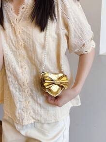 Holographic Pearl Strap Crossbody Bag With Bow & Heart Design, Girls Shoulder Bag