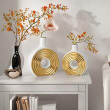 1PC Ceramic Circle Vase, Electroplated Black Gold Vase Creative Home Decoration Ornament, Suitable For Luxury Living Room, Dining Table, Office Desktop Flower Arrangement Vase, Centerpieces, Wedding Decoration Art Platinum Flower Vase Room Decor Glass Vase