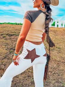 Women Back Stars High Waisted Flared Jeans Summer Y2k Star Pattern Raw Hem Slim Fit Bell Bottomed Denim Pants Vintage Jean Streetwear 4th Of July Outfits Independence Day Clothes - 白色 - 查看 6