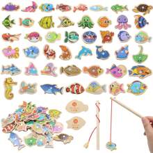 54PCs Pescaria magnética infantil Brinquedo pescaria de madeira  Jogo montessori Interativo Pai-Filho