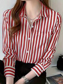 女士条纹长袖口袋宽松休闲办公室衬衫，春秋装 - 紅白色 - 查看 2